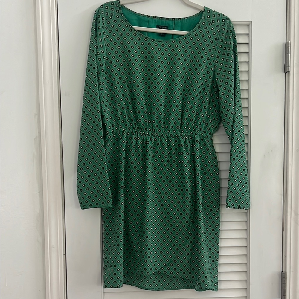 J Crew Green Diamond Print Long Sleeve Dress